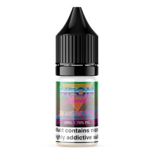 A bottle of Neon E-Liquid Blueberry is showcased, featuring vibrant blueberry, menthol, and aniseed flavors